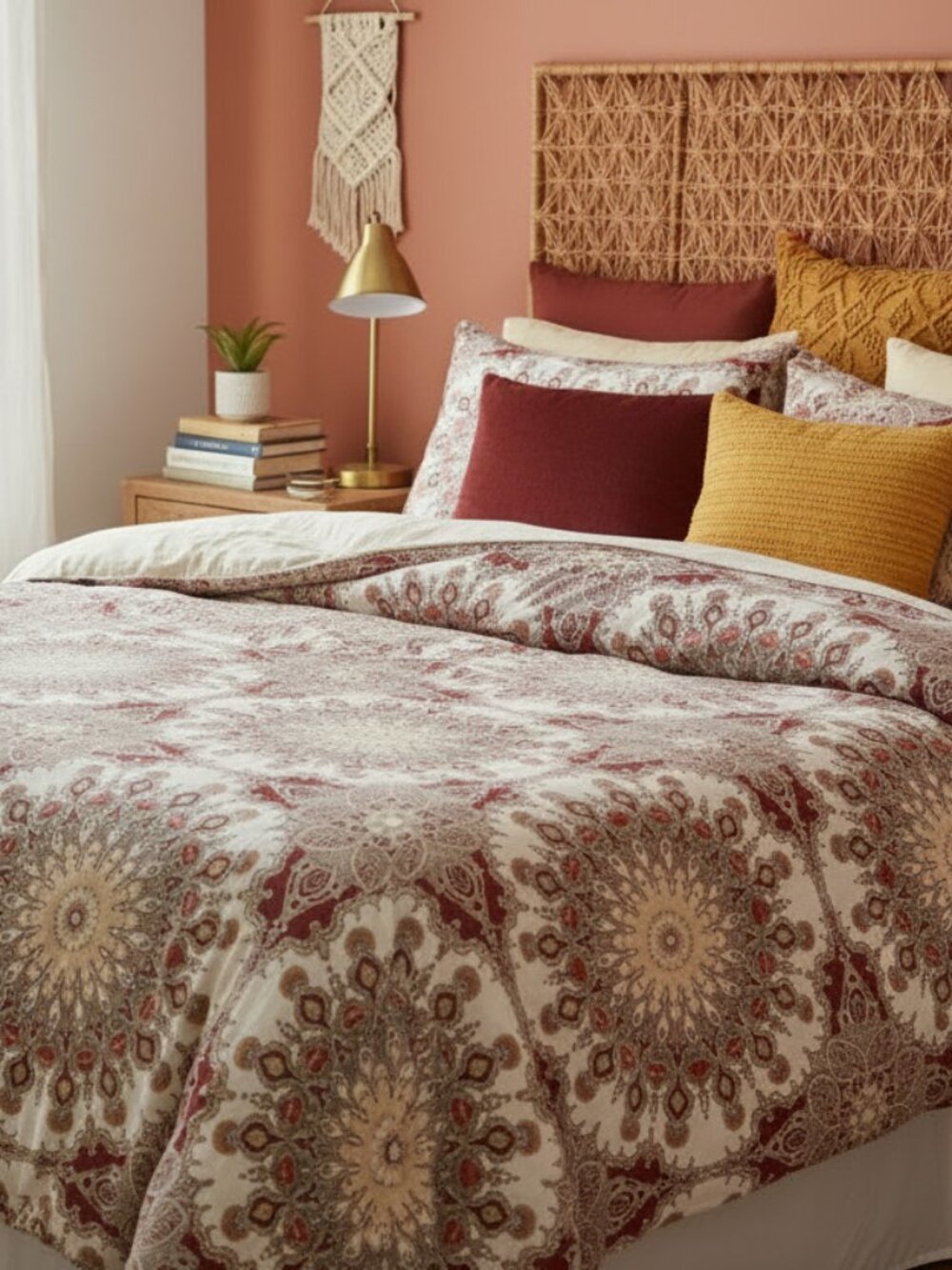 Noble Excellence Queen Cotton/Linen Boho Medallion Button Duvet Cover & 2 Shams